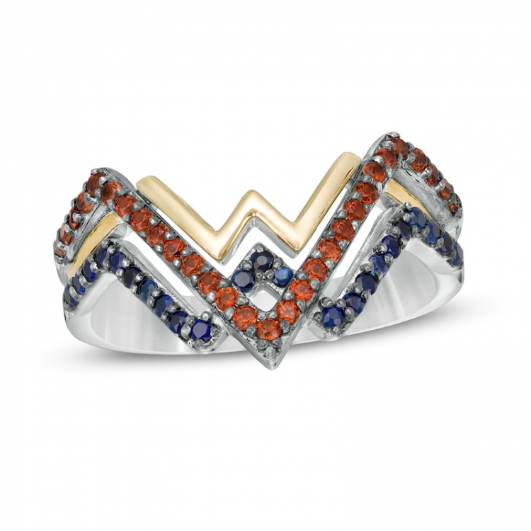 Garnet and Blue Sapphire Symbol Ring in Sterling Silver and 10K Gold :Garnet and Blue Sapphire Symbol Ring in Sterling Silver and 10K Gold
