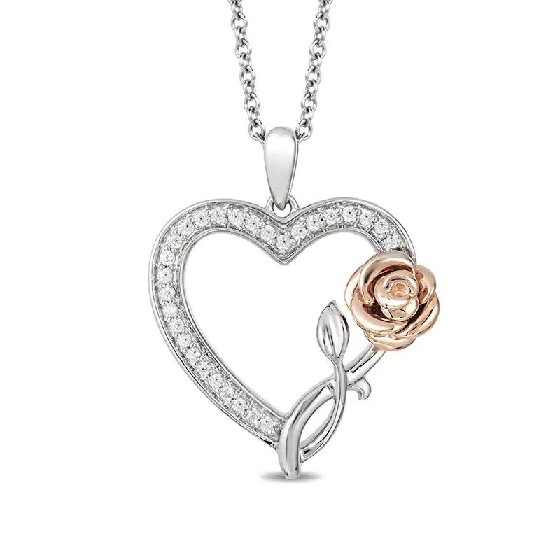 1/6 CT. T.W. Diamond Rose and Heart Pendant in Sterling Silver and 10K Rose Gold – 19′′